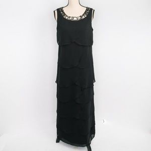 Black sheer tiered layer chiffon maxi dress jeweled collar R & M Richards 10P